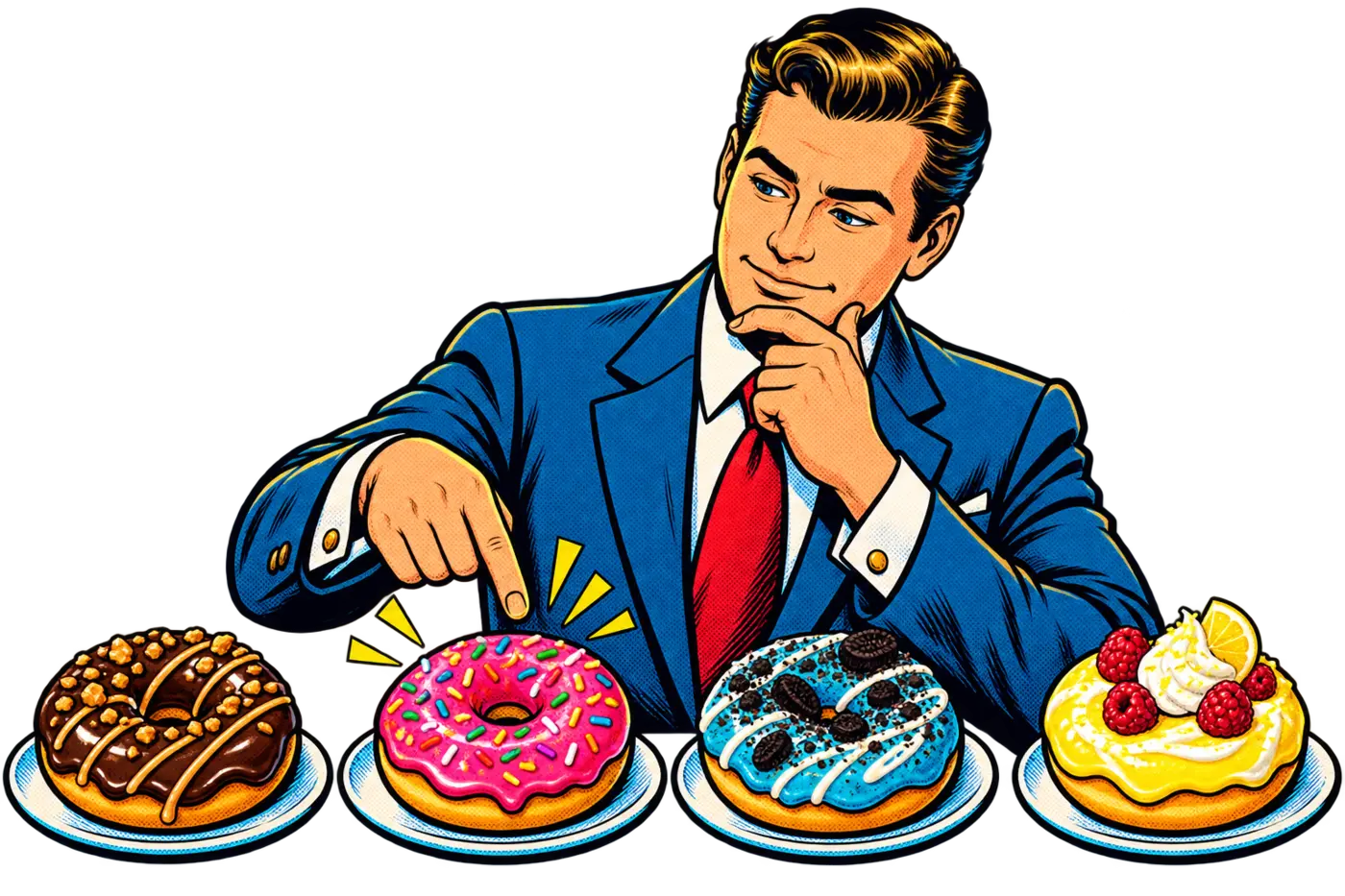 A decision-maker choosing from a range of distinct donuts
