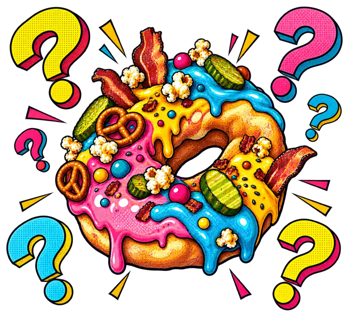 An odd-looking donut surrounded by pop-art question marks