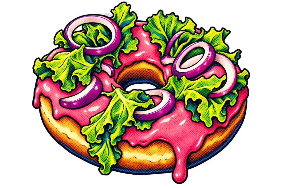 An odd strawberry, lettuce, and onion donut