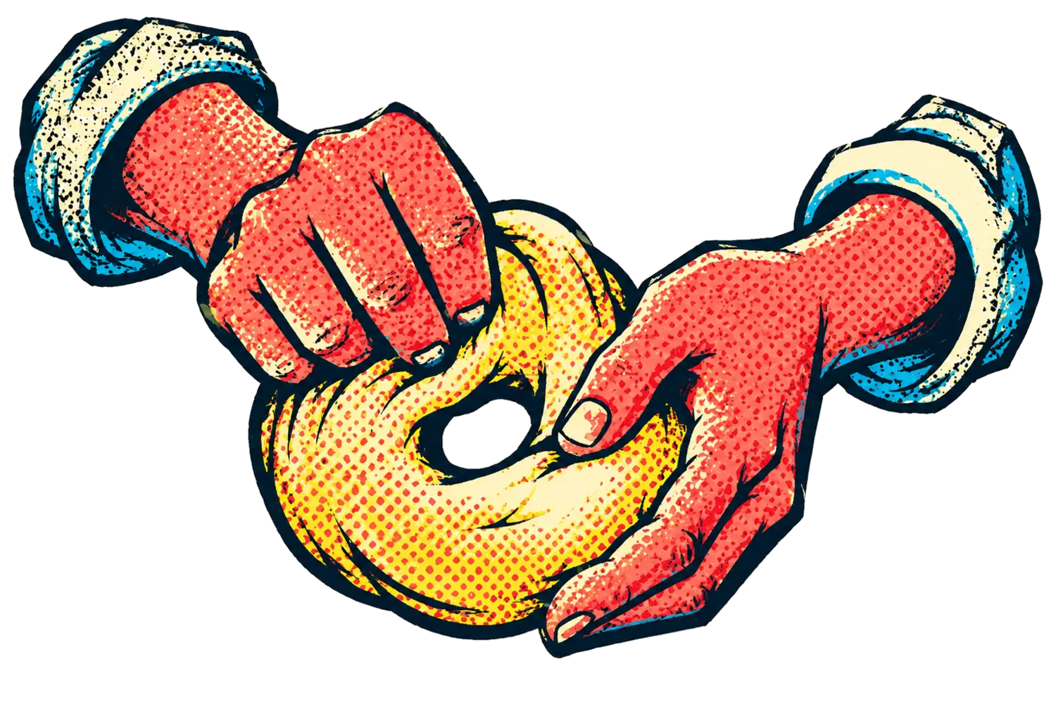 Comic-book hands kneading awareness into a ring of dough